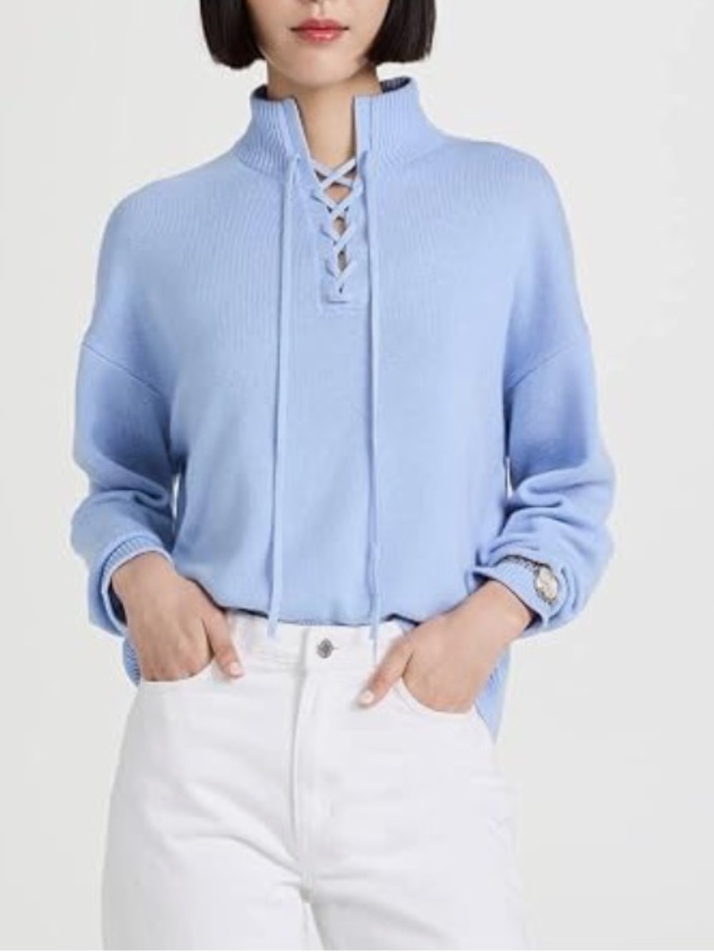 Theory 100% Cashmere Pullover Sweater Tie Neck Powder Blue Size Small